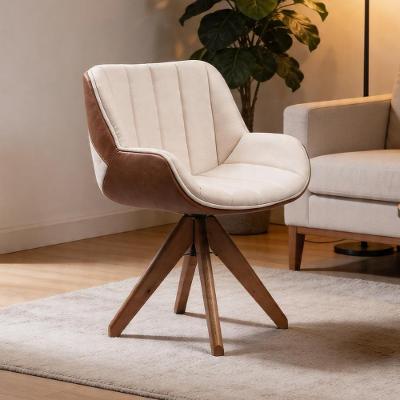 Poltrona Giratória Anika K01 para Sala de Estar Couríssimo Caramelo e Linho Soft Creme Lyam Decor