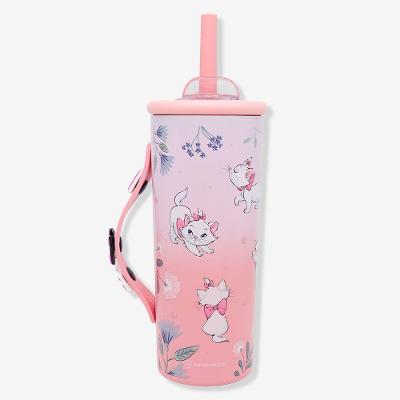 Copo Térmico Charms Marie Flores 600ml Aço Inoxidável com Tampa e Canudos Rosa Disney