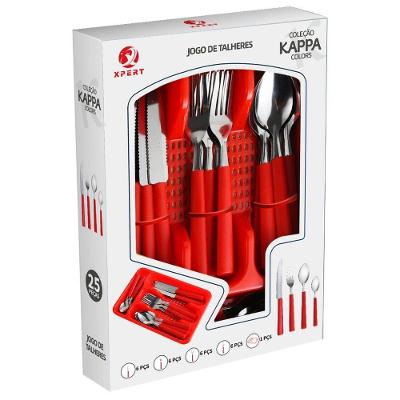 Jogo de Talheres 25 Peças Plástico e Aço Inox para Uso Diário Vermelho