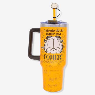 Copo Térmico Tumbler Garfield 1,15L em Aço Inoxidável com Tampa Rosqueável Laranja Zonacriativa