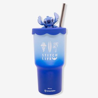 Copo Térmico Topper Stitch Disney 600ML Aço Inoxidável com Tampa e Canudo Azul