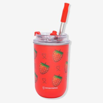 Copo com Canudo Neo Frutas Morango 300ML Aço Inoxidável Parede Dupla Vermelho Zonacriativa