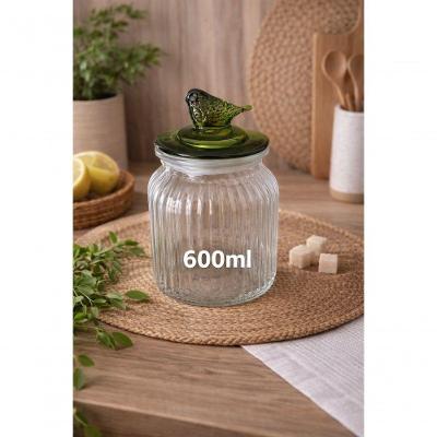 Pote de Vidro Hermético Canelado Pássaro Verde 600ML para Cozinha com Tampa Decorativa Yangzi