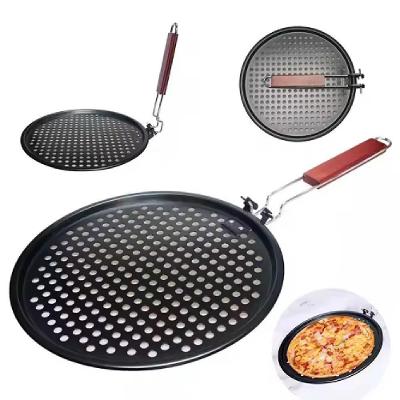 Panela Churrasqueira Grelha Frigideira para Pizza e Churrasco Aço Antiaderente Cabo de Madeira Preto
