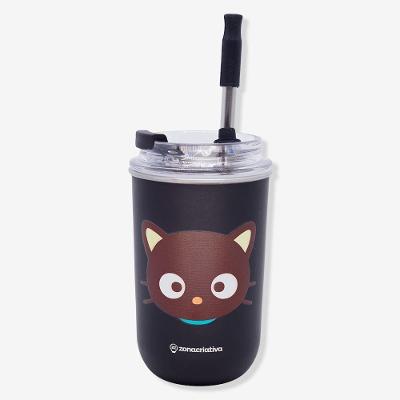 Copo com Canudo Neo Chococat 300ML Aço Inoxidável Parede Dupla Preto Hello Kitty