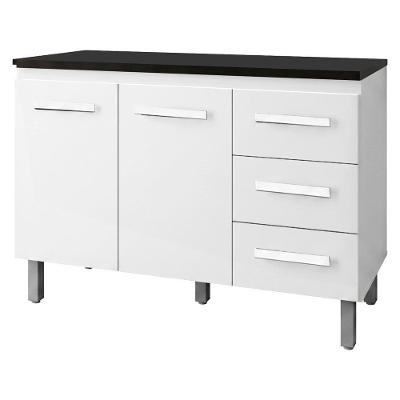 Balcão com Tampo Bianca 9110x9300 2 Portas 3 Gavetas Branco Preto Moblis Móveis