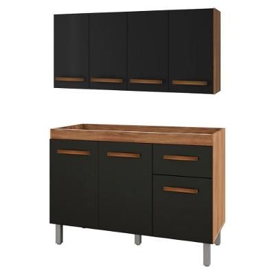 Armário Aéreo e Balcão de Cozinha 7 Portas 1 Gaveta 120cm Savana Preto Moblis Móveis