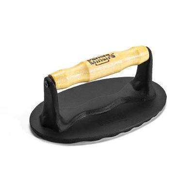 Prensador de Bife Oval Grill em Ferro Fundido com Alça de Madeira para Carnes Preto Panela Mineira