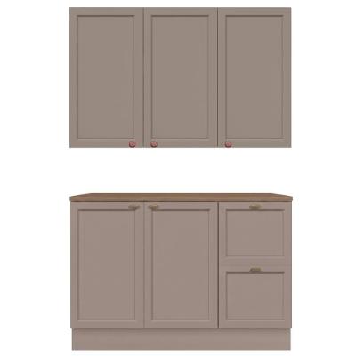 Balcão com Tampo e Armário Aéreo de Cozinha Unna 4 Portas 2 Gavetas 120cm Cinza Poliman Móveis