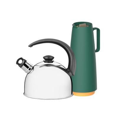 Kit Chaleira em Aço Inox com Apito 2,1L e Bule Garrafa Térmica 1L Verde Tramontina