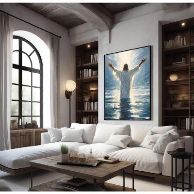 Quadro Decorativo Jesus Cristo Sobre as Águas 130cm X 90cm em Canvas Brilho Moldura Flutuante Preta
