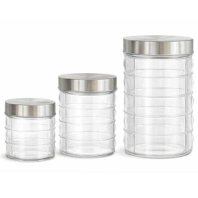 Conjunto de Potes para Mantimentos 3 Peças Vidro com Tampa Inox Vedação Rosca Transparente e Prata