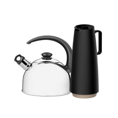 Kit Chaleira em Aço Inox com Apito 2,1L e Bule Garrafa Térmica 1L Preto Tramontina