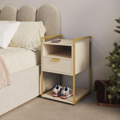 Mesa de Cabeceira Tókio 2 Gavetas em Ferro Dourado com Tampo Off White UP Home
