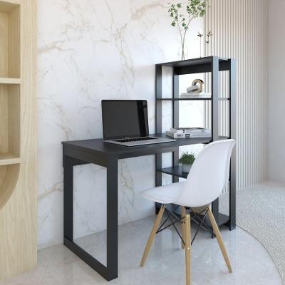 Mesa Escrivaninha com Estante 4 Prateleiras MDF MDP 90cm Preto Licce Decor