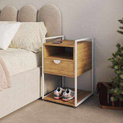 Mesa de Cabeceira Industrial Tókio 2 Gavetas em Ferro Branco Tampo Freijó UP Home