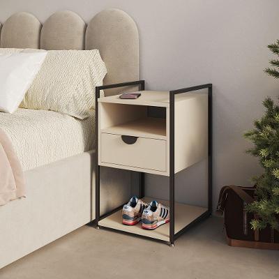 Mesa de Cabeceira Tókio com Gavetas em Ferro Preto e Tampo Off White UP Home