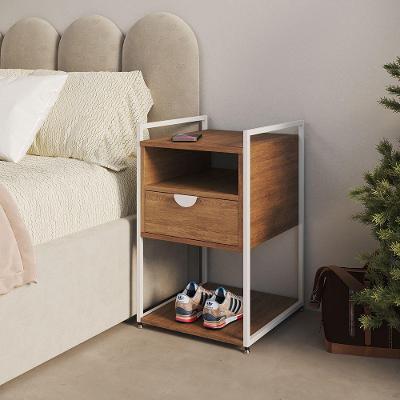 Mesa de Cabeceira Tókio 2 Gavetas em Ferro Industrial Branco com Tampo Amêndoa UP Home