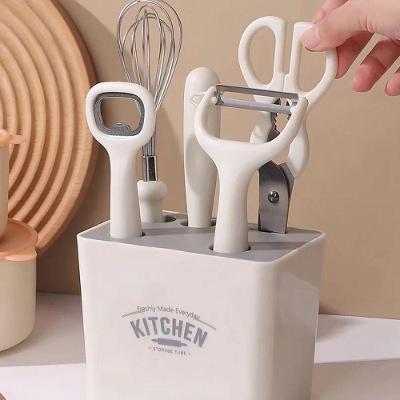 Kit de Utensílios de Cozinha 6 Peças com Suporte Organizador em Aço Inoxidável e Plástico Branco
