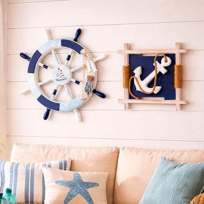 Kit Quadro e Timão Náutico para Decoração Casa Praia 27x27cm e 45cm em Madeira MDF Branco e Azul