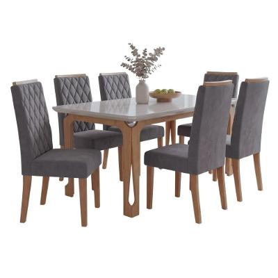 Conjunto Sala de Jantar Nadine Mesa 160cm Tampo em MDF com Vidro 6 Lugares Cinza Viero Móveis