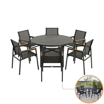 Conjunto Verona Mesa Redonda 1,30m e 6 Poltronas Alumínio Tela Sling Preto Nossa Kasa