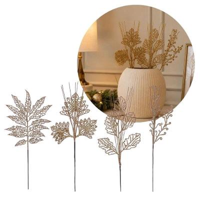 Galhos Natalinos Decorativos Conjunto 4 Unidades Folhagem Glitter Ocre Verde 30cm Yangzi