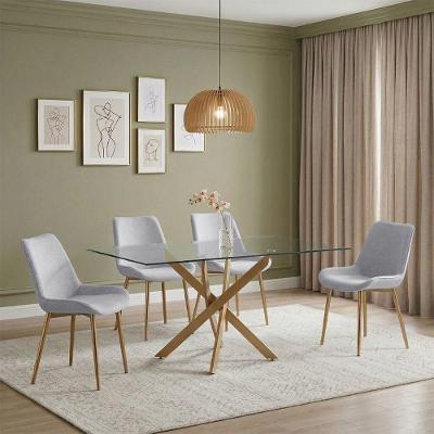 Conjunto de Jantar Lara 4 Lugares Tampo de Vidro 10mm Cadeiras Estofadas Linho Cinza 160cm
