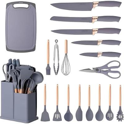 Kit Utensílios de Cozinha 19 Peças Silicone com Cabo de Madeira para Panelas Antiaderentes Cinza