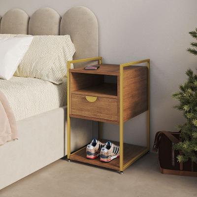 Mesa de Cabeceira Tókio com Gavetas em Ferro Dourado Tampo Amêndoa UP Home