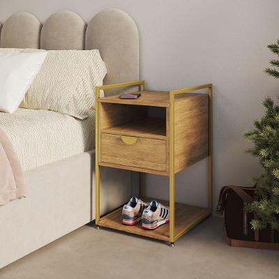 Mesa de Cabeceira Tókio com Gavetas em Ferro Dourado Industrial Tampo Freijó UP Home
