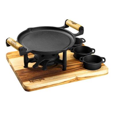 Fogareiro Fogo Forte 03 Molheiras para Carnes em Ferro Fundido com Suporte em Madeira Panela Mineira