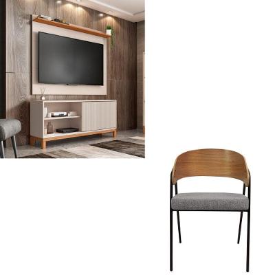 Kit Sala Copa Painel Rack Jace + Poltrona Aero Bege-cinza Couro Sintético Caemmun Móveis
