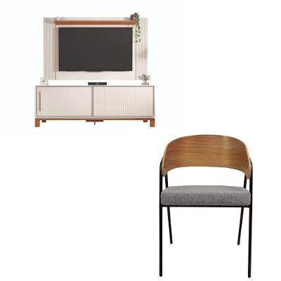 Kit Painel Rack Jace com Poltrona Aero Overseas Couro Sintético Bege e Cinza Caemmun Móveis