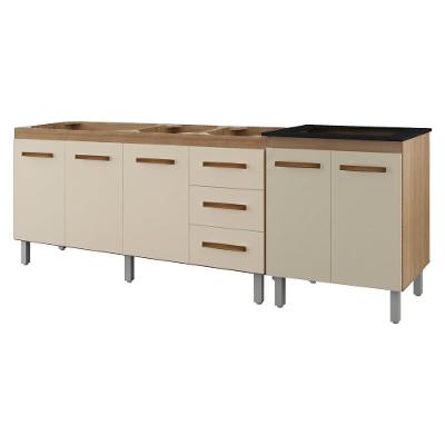 Kit Balcão para Cozinha Savana Off White 5 Portas MDP 228cm com Pia 160cm e Cooktop Moblis Móveis