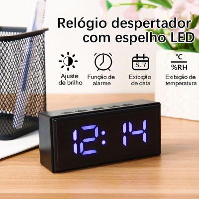 Relógio Despertador Digital Espelhado Led Tudo em Caixa SZ6093-02 com Alarme e Visor Decorativo