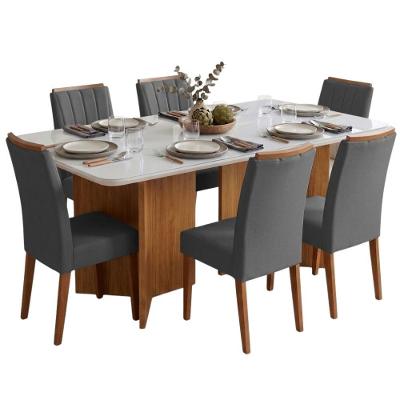 Conjunto Sala de Jantar Montreal 6 Lugares Mesa Tampo em MDF com Vidro Cadeiras Sofia Cinza Viero