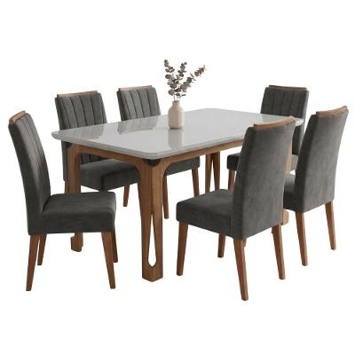 Conjunto Sala de Jantar Nadine 6 Lugares Mesa 160cm Tampo em MDF com Vidro Cinza Viero Móveis