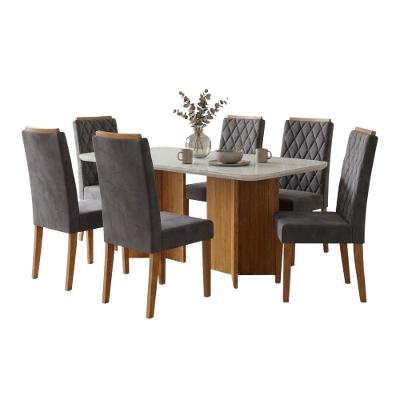 Conjunto Sala de Jantar Montreal 6 Lugares Mesa 160cm Tampo em MDF com Vidro Cinza Viero Móveis