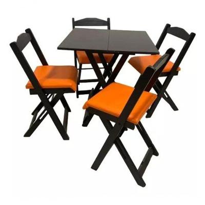 Conjunto Mesa Dobrável com 4 Cadeiras Estofadas Preto com Assentos Laranja para Jardim e Varanda