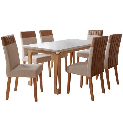 Conjunto de Jantar Nadine Mesa 160cm com Vidro 6 Cadeiras Montreal Bege Viero Móveis