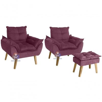 Kit 02 Poltronas com Puff Glamour Opala Suede para Sala Vinho SMF Decor