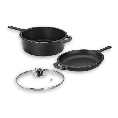 Conjunto Caçarola Frigideira Chef Ferro Fundido 3,5L Preto Tampa Vidro Panela Mineira