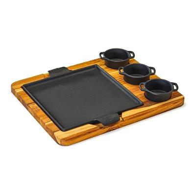 Chapa Petisco Quadrada 24x24cm com 03 Molheiras e Suporte de Madeira Panela Mineira