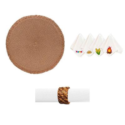 Kit de Mesa Posta 4 Lugares São João Rattan Natural Jogo Americano Guardanapo Copa & Cia