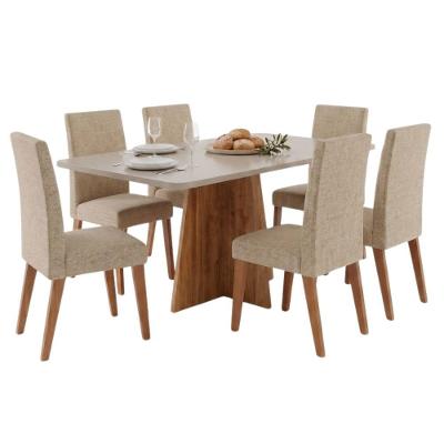 Conjunto Sala de Jantar Moove 6 Lugares Mesa 1,60m MDF Cadeiras Linho Madeirado Bege Viero Móveis