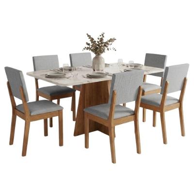 Conjunto Sala de Jantar Moove Mesa 160cm 6 Cadeiras Linda Tampo em MDF Linho Amadeirado e Cinza