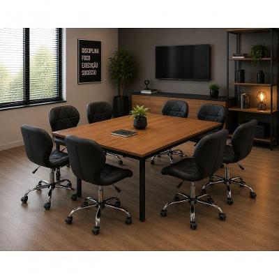 Conjunto 8 Cadeiras Slim Office Secretária Estofada Pu com Rodízios Giratória Preta Decoreshop