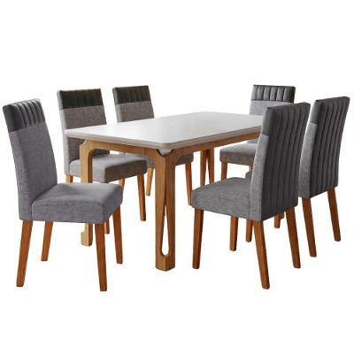 Conjunto de Jantar Nadine Mesa 160cm com Vidro 6 Cadeiras Montreal Cinza Viero Móveis