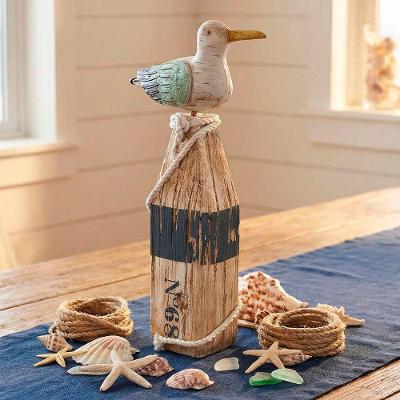 Estatueta Decorativa Gaivota Tronco Enfeite Casa Praia Estilo Náutico em Madeira Branco 36cm
